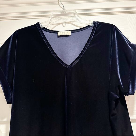 Sofia Made in Italy Blue Velvet Velour V Neck Top Shirt Large L Vintage Shirt - Picture 5 of 14